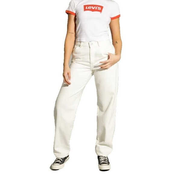 Levi's Women's US25 White Dad Utility Straight Leg Jeans 100% Cotton Cargo Denim - Picture 2 of 10